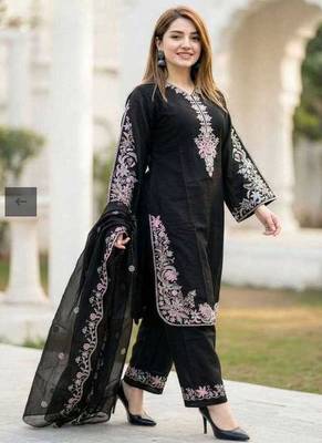 Black embroidery satin fully stitched palazzo suit set 3
