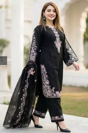 Black embroidery satin fully stitched palazzo suit set