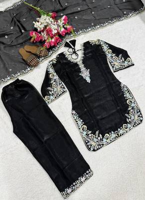 Black embroidery satin fully stitched palazzo suit set 4