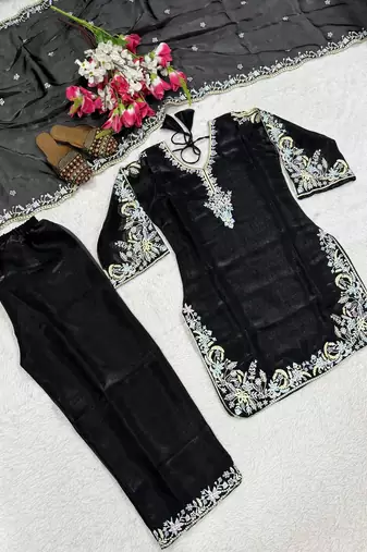 Black embroidery satin fully stitched palazzo suit set