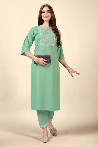Pista embroidery work cotton rayon slub based aline womens kurti set
