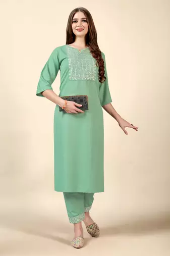 Pista embroidery work cotton rayon slub based aline womens kurti set