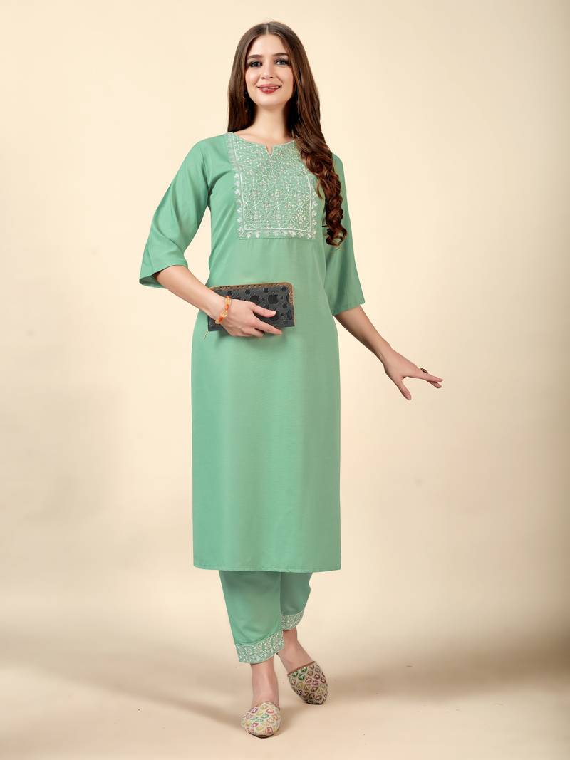 Pista embroidery work cotton rayon slub based aline womens kurti set