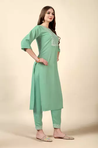 Pista embroidery work cotton rayon slub based aline womens kurti set
