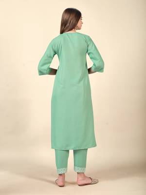Pista embroidery work cotton rayon slub based aline womens kurti set 3