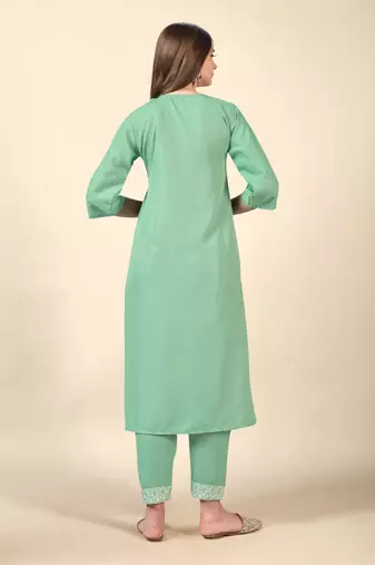 Pista embroidery work cotton rayon slub based aline womens kurti set