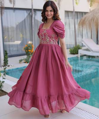 Onion mal chanderi beads embroidery work western gown 1
