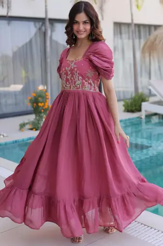 Onion mal chanderi beads embroidery work western gown