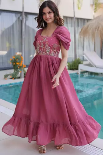 Onion mal chanderi beads embroidery work western gown