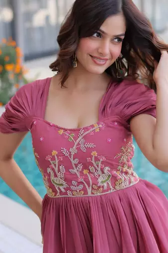Onion mal chanderi beads embroidery work western gown