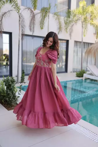 Onion mal chanderi beads embroidery work western gown