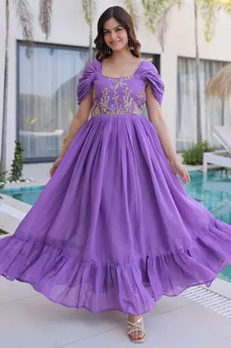 Purple mal chanderi beads embroidery work western gown