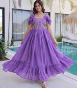 Purple mal chanderi beads embroidery work western gown