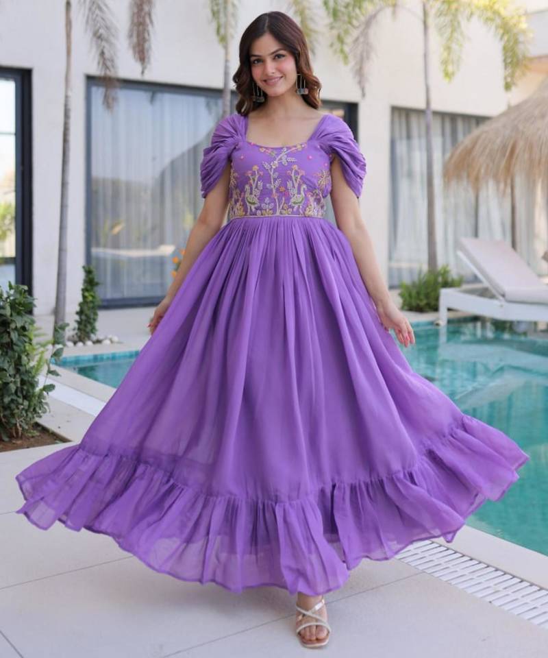 Purple mal chanderi beads embroidery work western gown