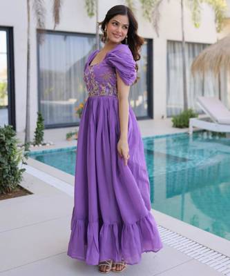 Purple mal chanderi beads embroidery work western gown 2