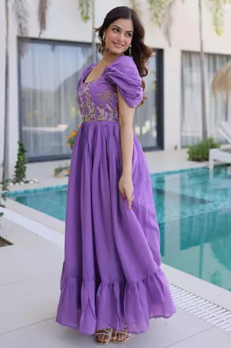 Purple mal chanderi beads embroidery work western gown