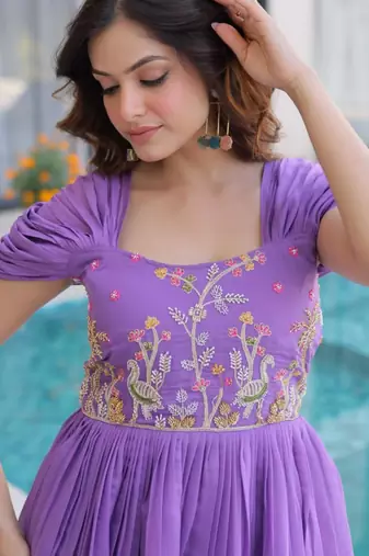Purple mal chanderi beads embroidery work western gown