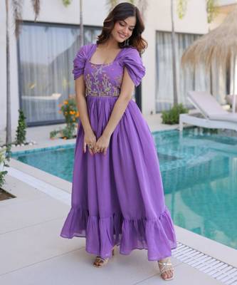 Purple mal chanderi beads embroidery work western gown 4