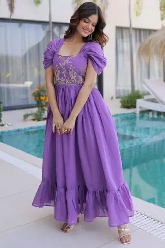 Purple mal chanderi beads embroidery work western gown