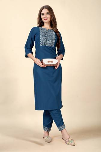 Blue embroidery work cotton rayon slub based aline womens kurti set