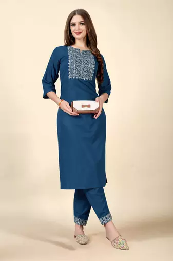 Blue embroidery work cotton rayon slub based aline womens kurti set