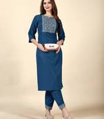 Blue embroidery work cotton rayon slub based aline womens kurti set