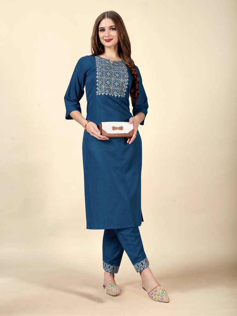 Blue embroidery work cotton rayon slub based aline womens kurti set