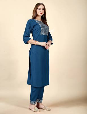 Blue embroidery work cotton rayon slub based aline womens kurti set 2