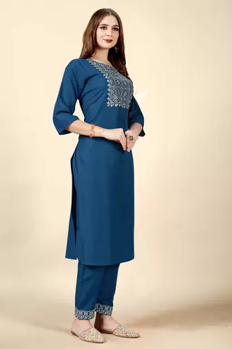 Blue embroidery work cotton rayon slub based aline womens kurti set