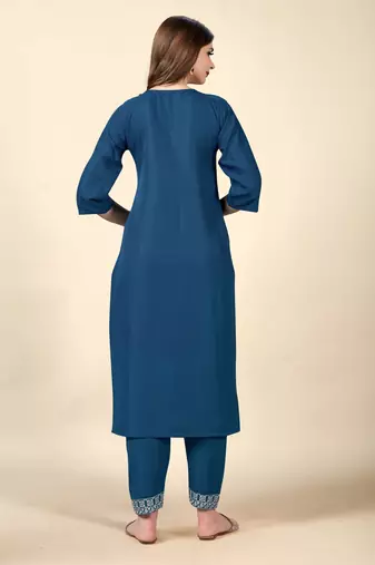 Blue embroidery work cotton rayon slub based aline womens kurti set