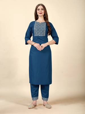 Blue embroidery work cotton rayon slub based aline womens kurti set 4