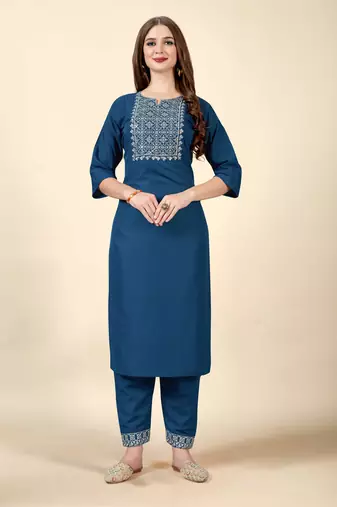 Blue embroidery work cotton rayon slub based aline womens kurti set