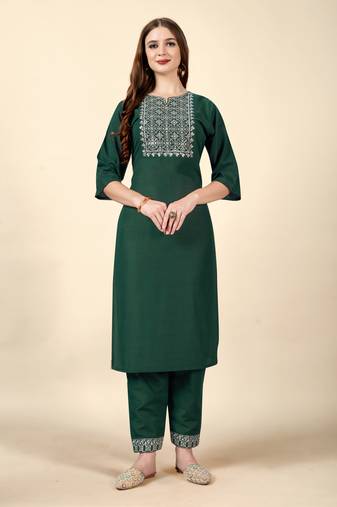 Dark Green embroidery work cotton rayon slub based aline womens kurti set