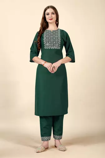 Dark Green embroidery work cotton rayon slub based aline womens kurti set