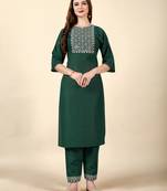Dark Green embroidery work cotton rayon slub based aline womens kurti set