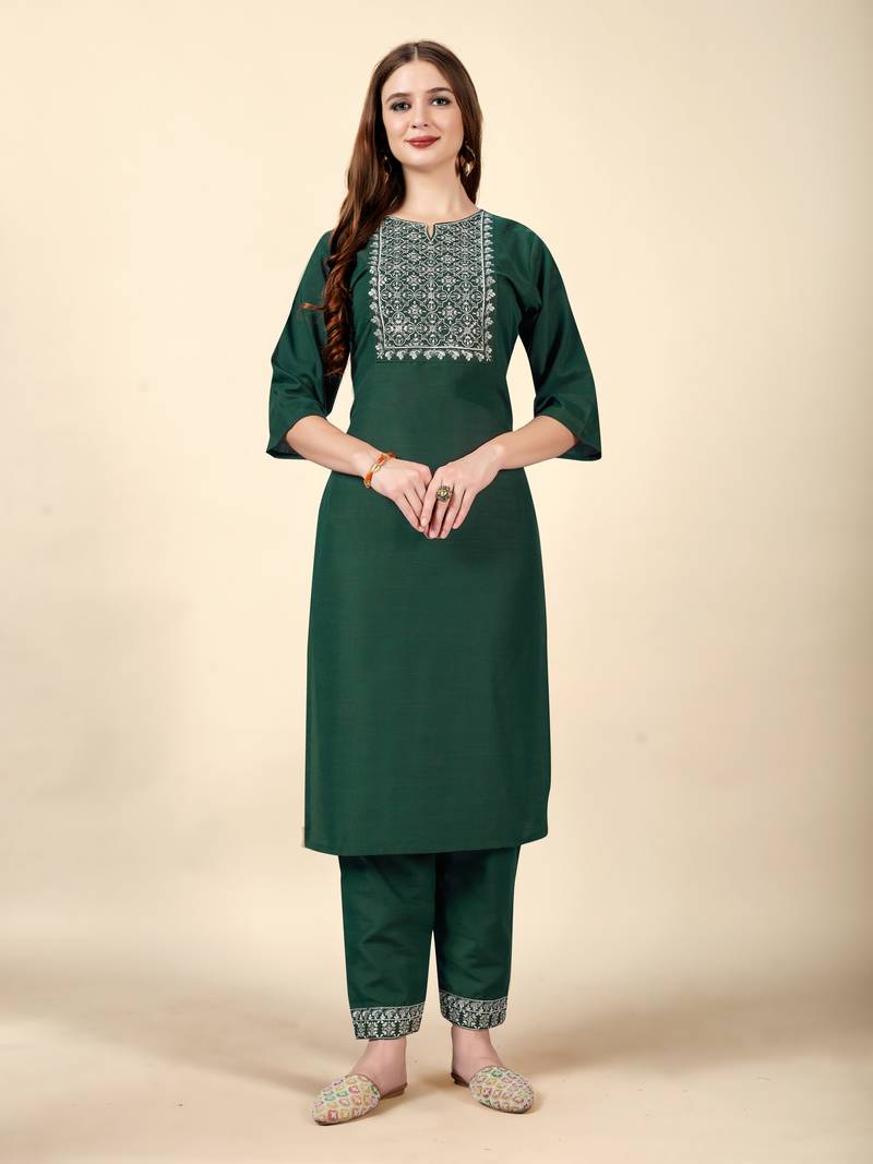 Dark Green embroidery work cotton rayon slub based aline womens kurti set