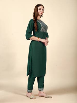 Dark Green embroidery work cotton rayon slub based aline womens kurti set 2