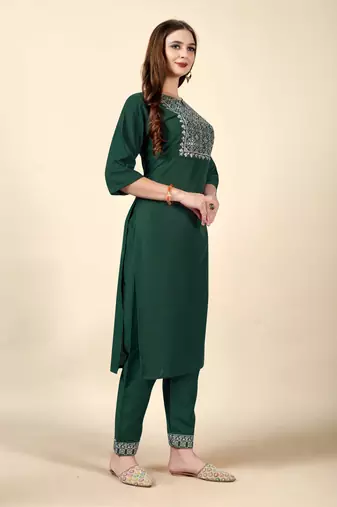 Dark Green embroidery work cotton rayon slub based aline womens kurti set