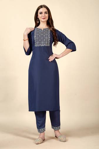 Navy Blue embroidery work cotton rayon slub based aline womens kurti set