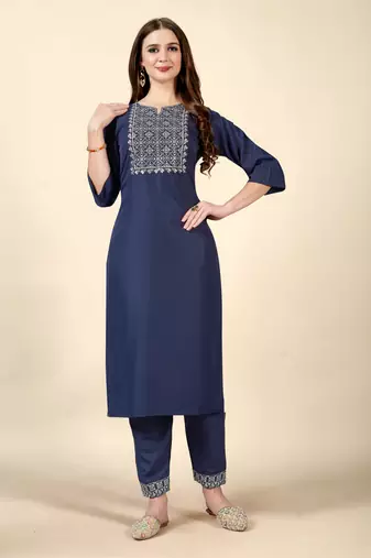 Navy Blue embroidery work cotton rayon slub based aline womens kurti set