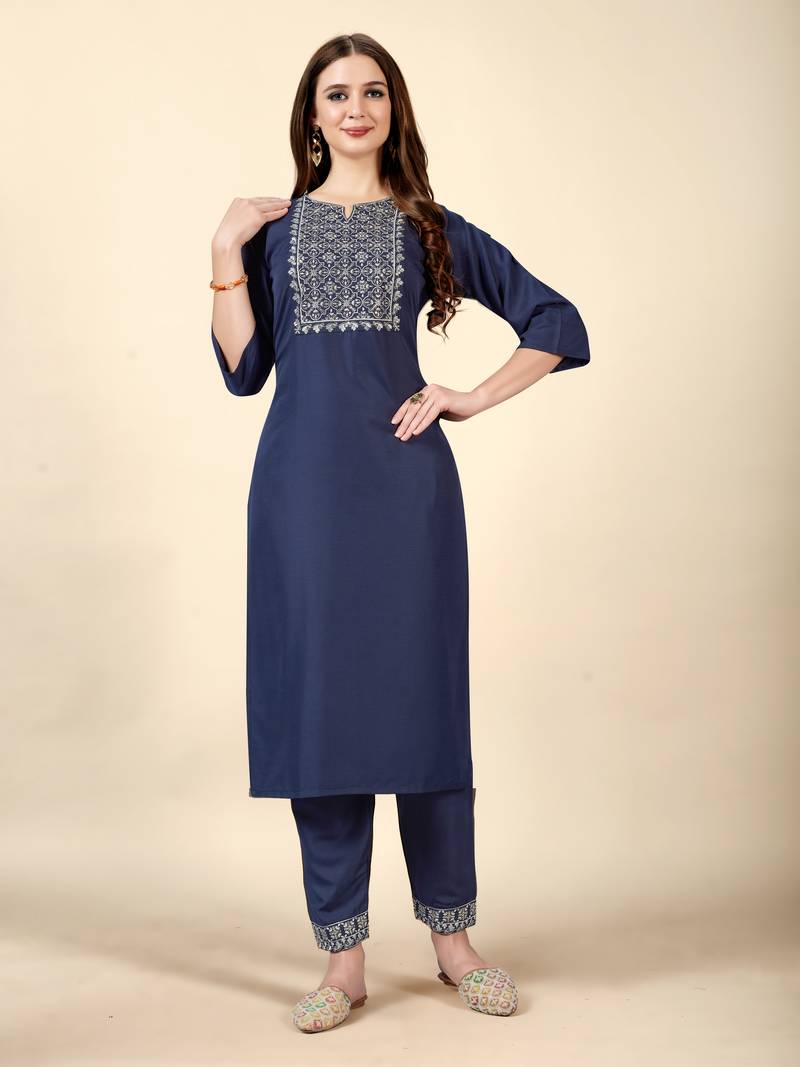 Navy Blue embroidery work cotton rayon slub based aline womens kurti set