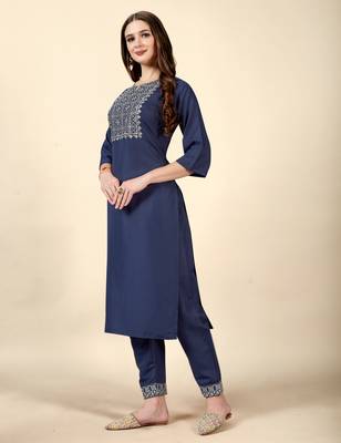 Navy Blue embroidery work cotton rayon slub based aline womens kurti set 2