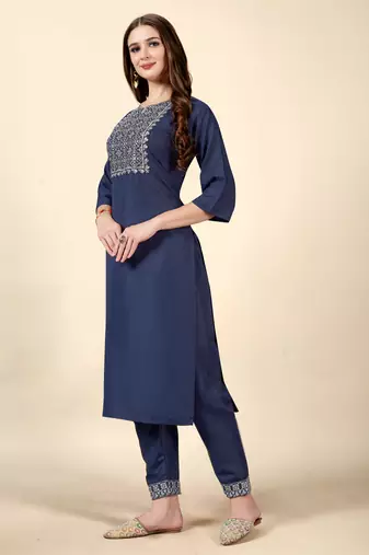 Navy Blue embroidery work cotton rayon slub based aline womens kurti set