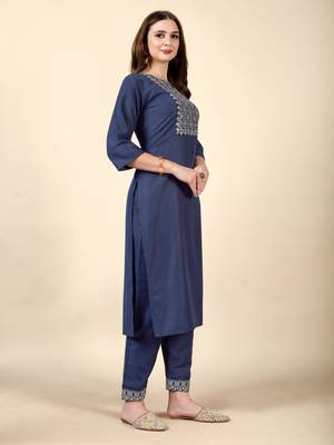 Navy Blue embroidery work cotton rayon slub based aline womens kurti set 3