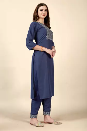 Navy Blue embroidery work cotton rayon slub based aline womens kurti set