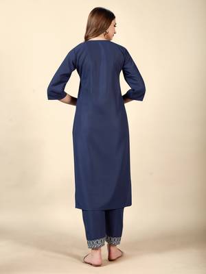 Navy Blue embroidery work cotton rayon slub based aline womens kurti set 4
