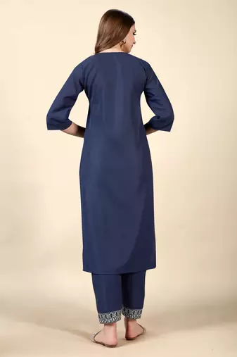 Navy Blue embroidery work cotton rayon slub based aline womens kurti set