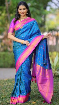 Blue floral temple border zari work kanji gadwal silk blend saree with blouse 1