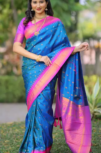 Blue floral, temple border, zari work kanji gadwal silk saree with blouse