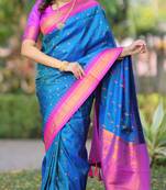 Blue floral, temple border, zari work kanji gadwal silk saree with blouse